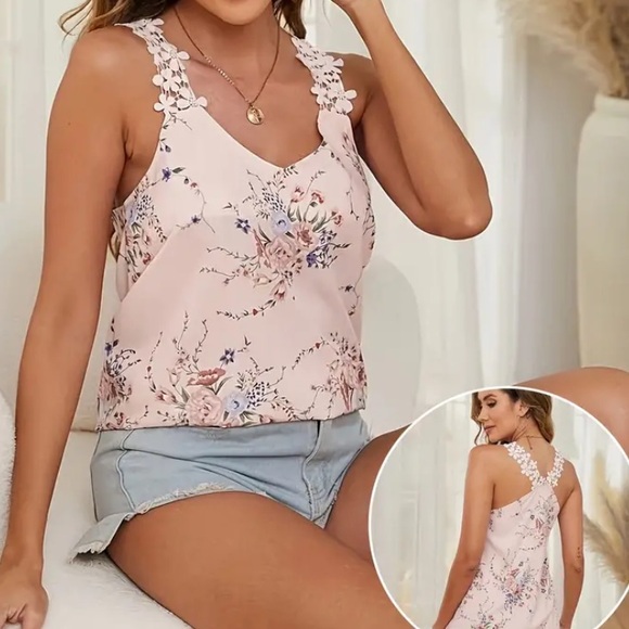 None Tops - Pink Pastel Floral Print tank top Lace Shoulder Straps Summer Blouse Large